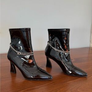 Charles David Black Patent Leather Ankle Boots with Chain Detail